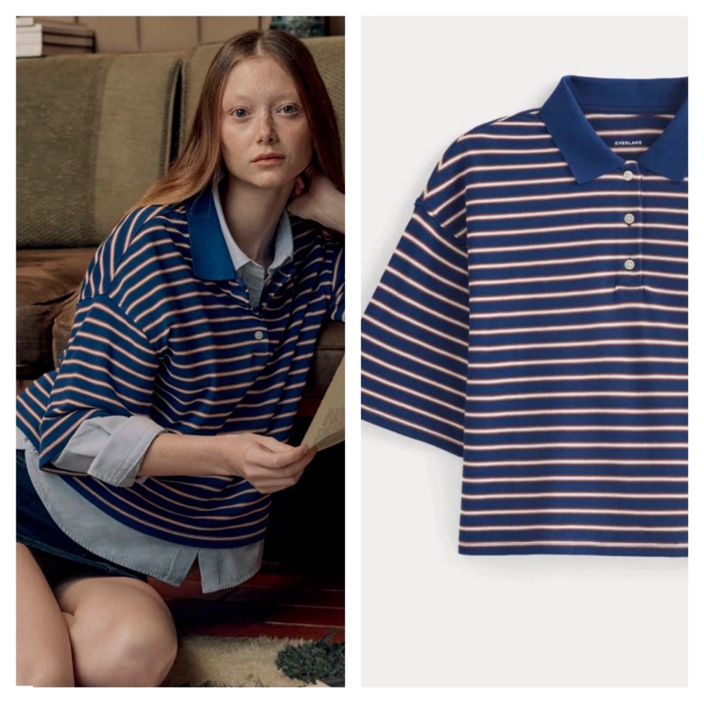 NWT Boxy Pique Polo S SMALL ESTATE BLUE/HENNA/GARDENIA